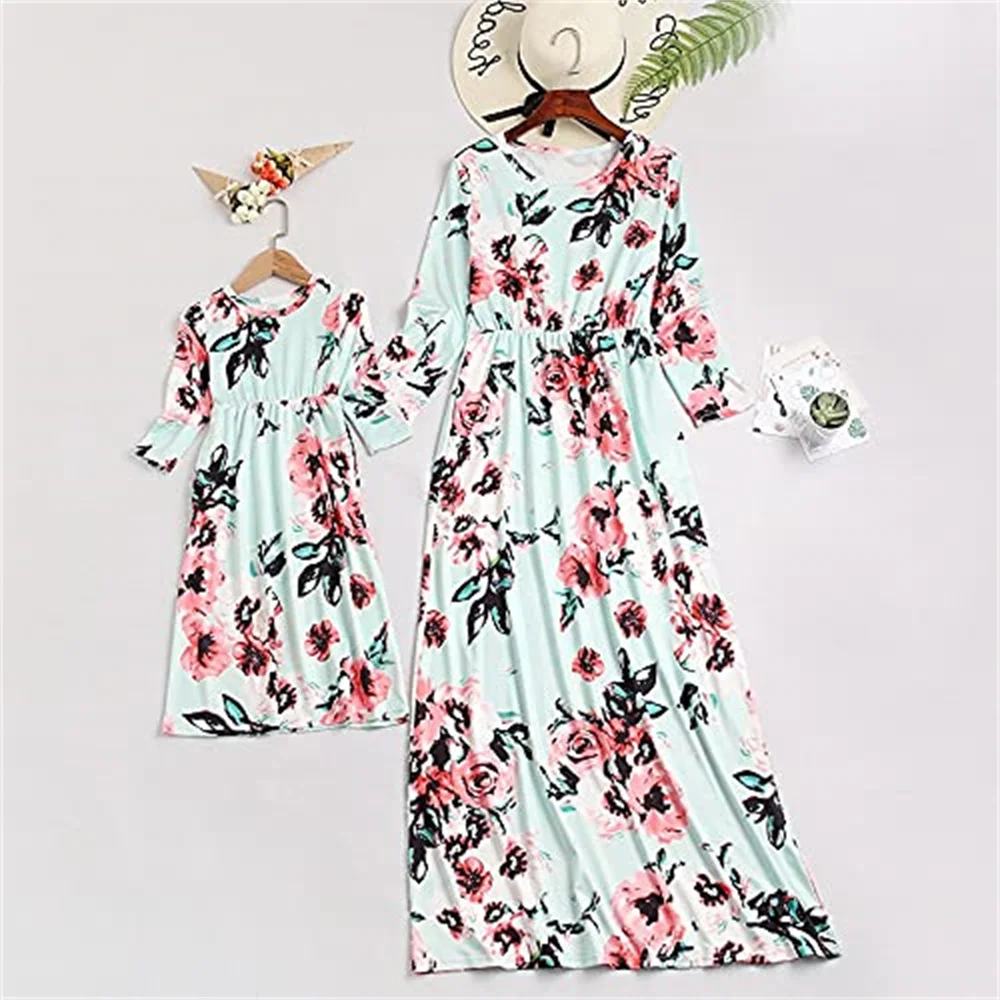 

Summer Dress Mom and Daughter Matching Dresses - Nine-Sleeve Printed Long Dress Mommy and Me Matching Outfits Family Clothing