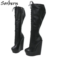 sorbern black 19cm wedge boots unisex drag queen shoes inclined heels platform lace up fetish boots knee high custom leg fit