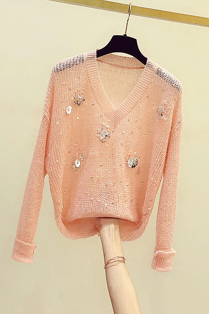

2020 Autumn New Korean Fashion Sequin V-neck Long-Sleeved Thin Sweater Women's Casual Knit Coat Female Sweaters Pullover Shirts