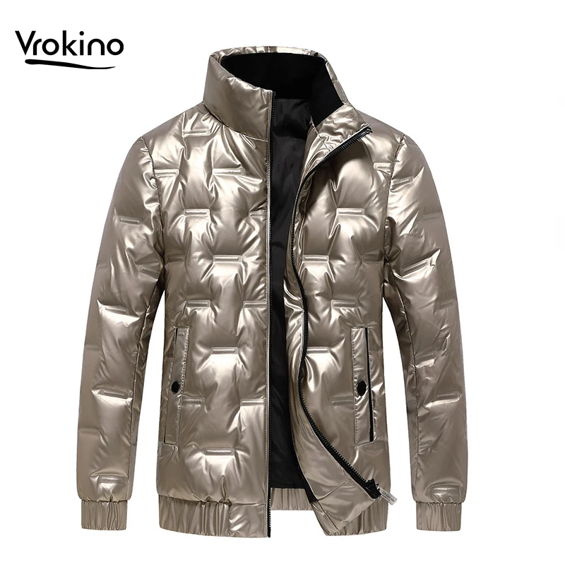

Vickino Men's silver shiny winter down jacket Classic warm stand collar short white duck down Men's black silver dark gray