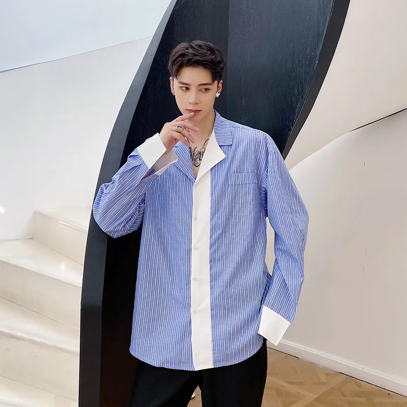 

Men Japan Korea Streetwear Youthful Fashion Vintage Shirt Loose Casual Long Sleeve Turn-down Collar Blue Stripe Shirt