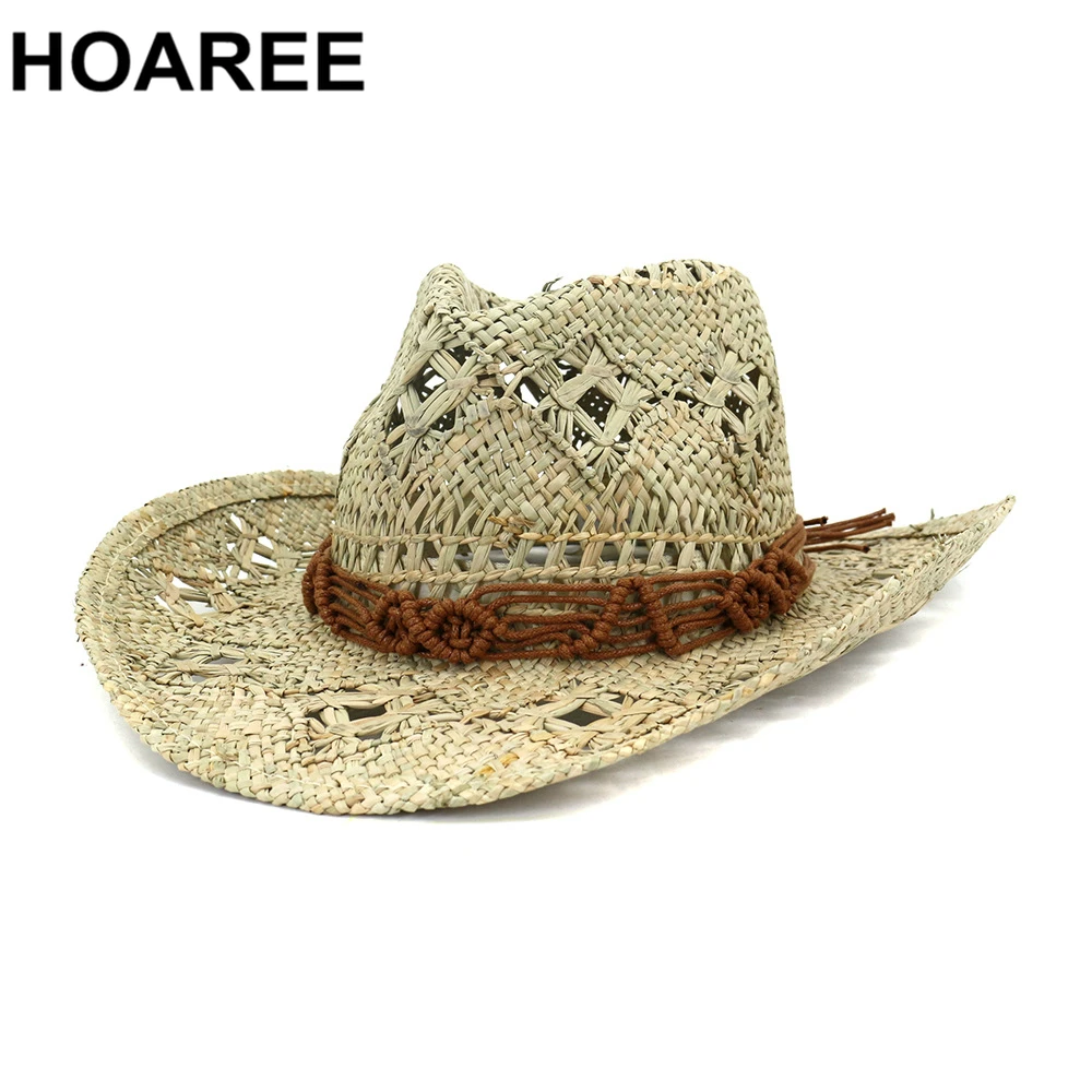 

HOAREE Western Cowboy Hat Summer Men Women Sun Hat Handmade Beach Casual Straw Cap Wide Brim Cowgirl Costume Accessories