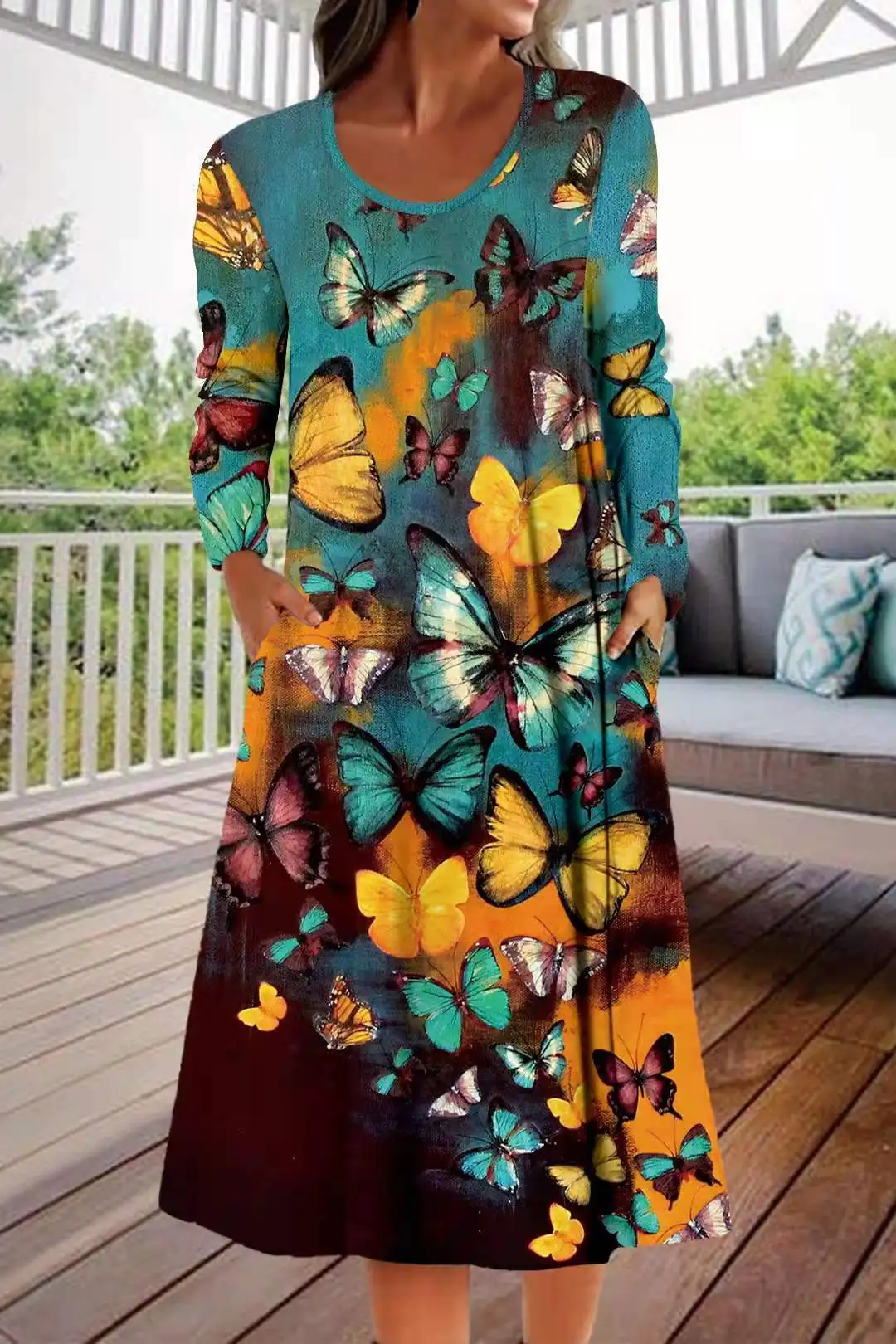 

Autumn Fashion Women Dress Floral Printed O Neck Pullover Loose Waist Mid-calf A-line Dress Casual Fashion ladies Boho Dress