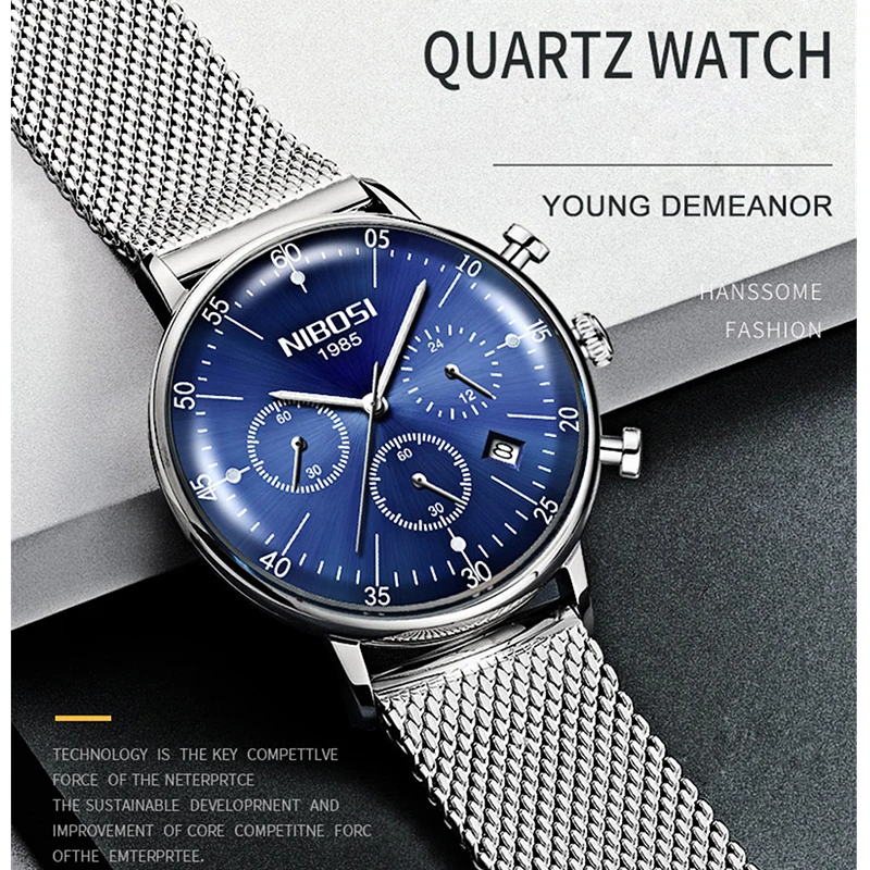 NIBOSI New Watches Mens Brand Luxury Stainless Steel Quartz Watch For Men Waterproof Sport Chronograph Male Clock reloj hombre