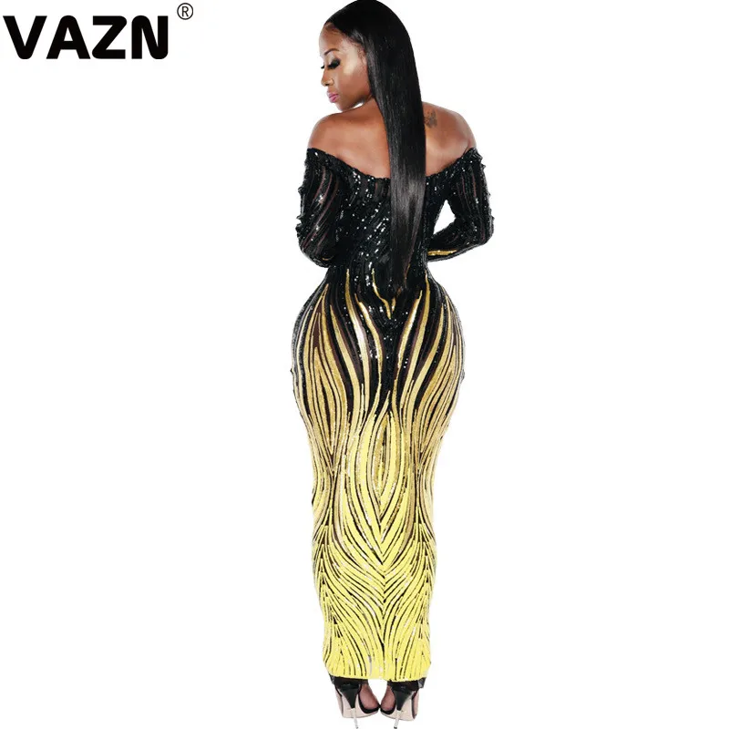 VAZN Autumn Open See Through Heavy Industry Sequined Sexy Club Fashion Slash Neck Full Sleeve High Waist Women Thin Maxi Dress