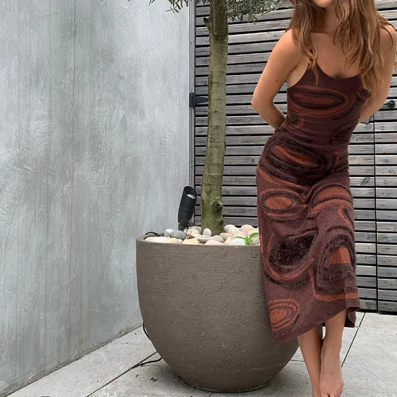 

ZOVSV Cut Out Backless Brown Knitted Midi Dress Autumn Casual Sleeveless Long Dress Women Y2K Print Fashion Korean Fashion