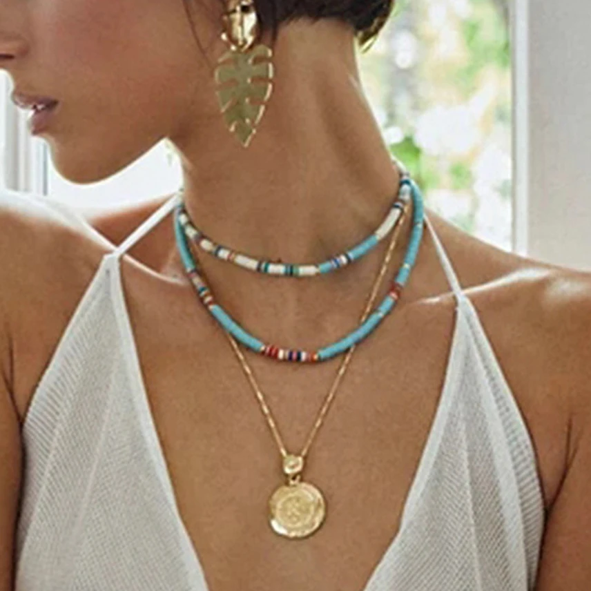 

Bohemian Colorful Clay Choker Necklace Women Rainbow Polymer Clay Beads Necklaces Summer Beach Surf Jewelry Supplies New Fashion