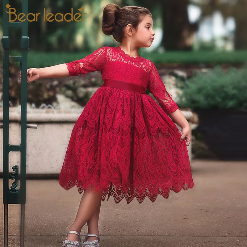 Bear Leader Girls Princess Dress 2020 Elegant Polka Dot Open Back Ruffle Tie Bow Vest Costume Kids 3-7Y | Детская одежда и обувь