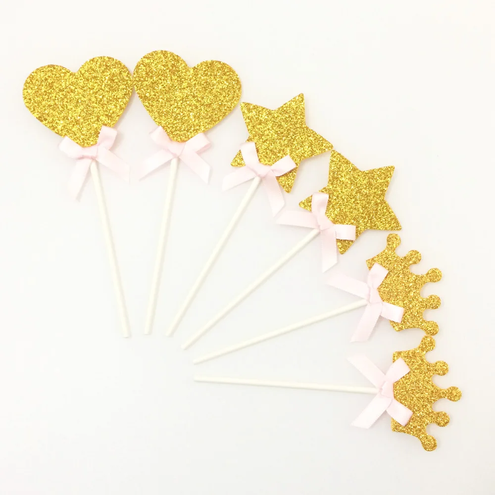 36 шт. золотой розовый корона звезда сердце милая лента банты для детей душа торта