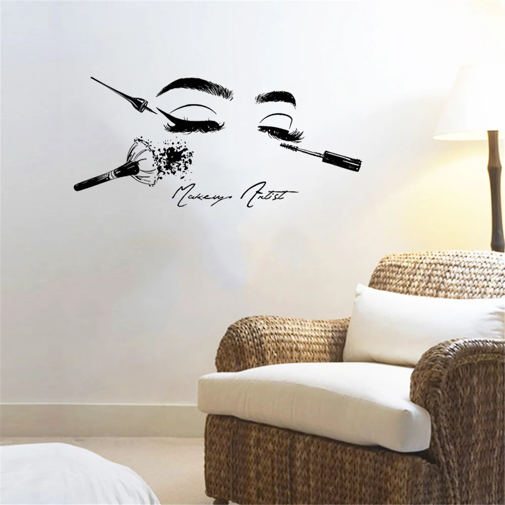 

Model Beauty Tools Makeup Wall Stickers Girl Face Wall Decal For Beauty Salon Girl Eyes Lips Revocable Vinyl Mural DW4408