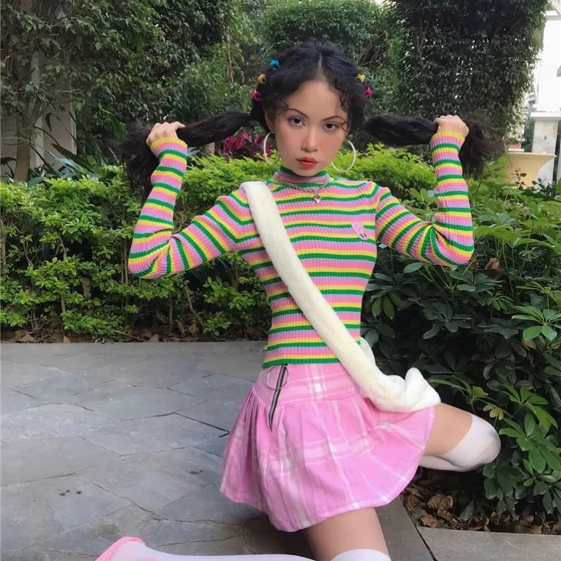 Облегающие Женские трикотажные пуловеры в полоску с круглым вырезом осенние