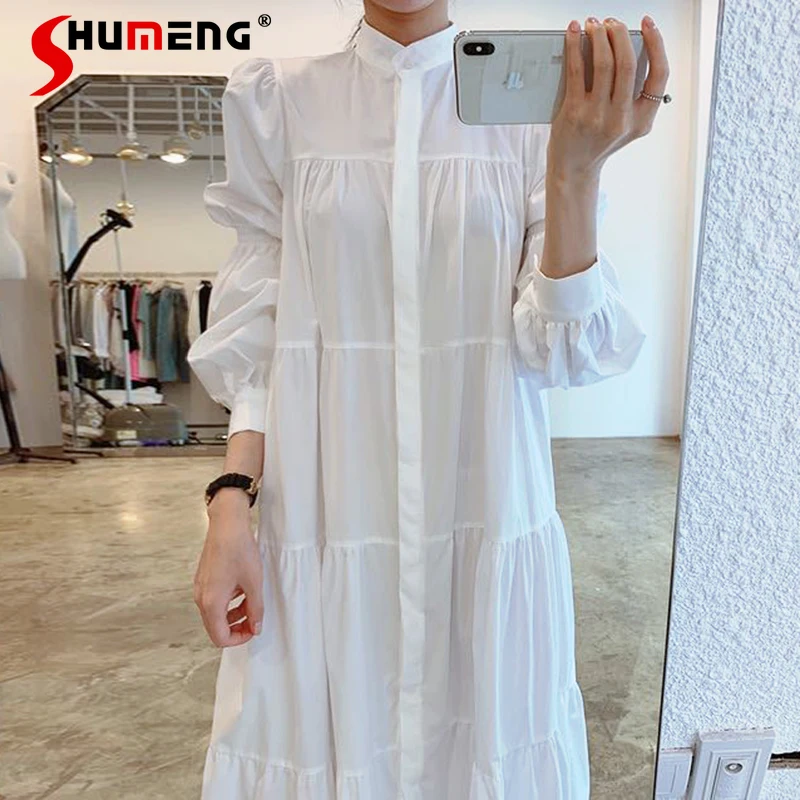 

Vintage Stand Collar Single-Breasted Pleated Puff Sleeve Women's Dress 2021 Spring Solid Color Loose Shirt Dress