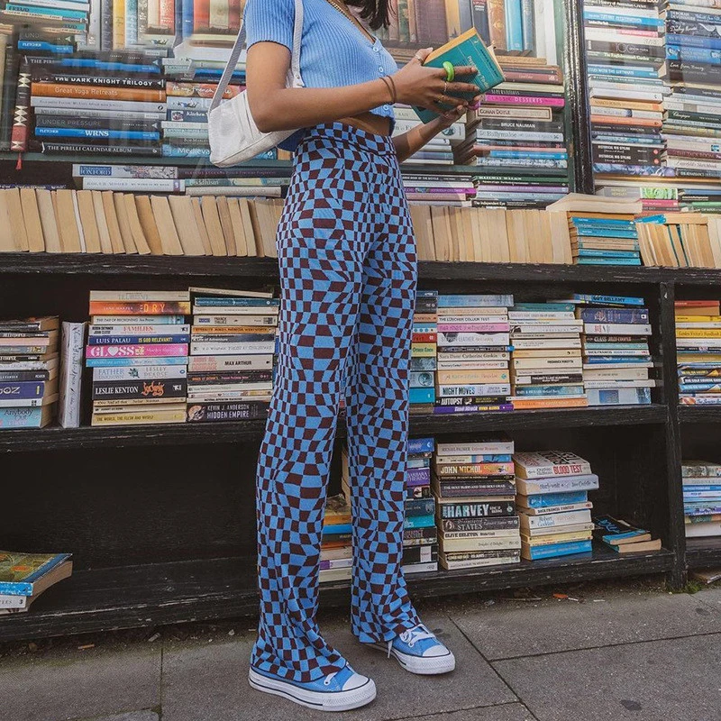 

2021 Casual Vintage Knitted Pants Y2K Plaid Long Trousers Women Checkered Argyle Knitwear Joggers Loose High Waist Streetwear