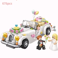romantic wedding car mini block city vehicle model bridegroom and bride building bricks educational assemblage toys for kids