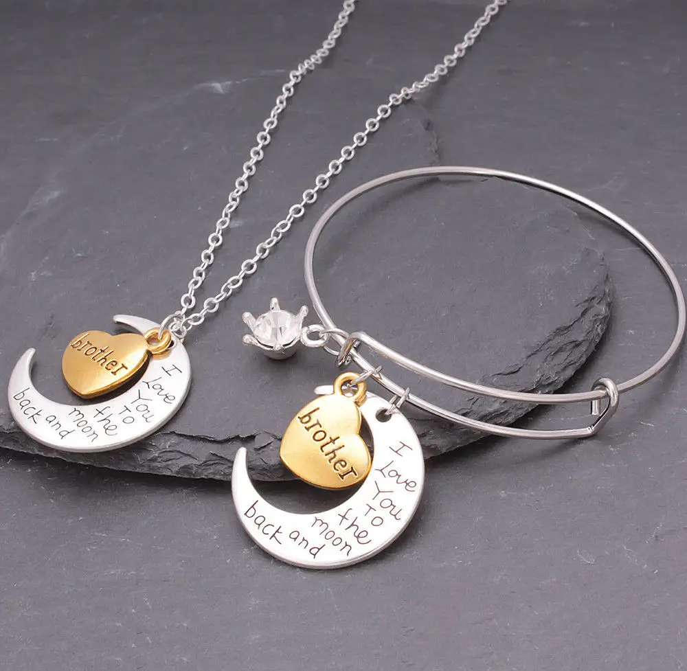 

2Pcs Fashion Crescent Moon Necklace Crown Bangle Jewelry Set Mom Dad Son Daughter DIY Heart Letter Family Gift