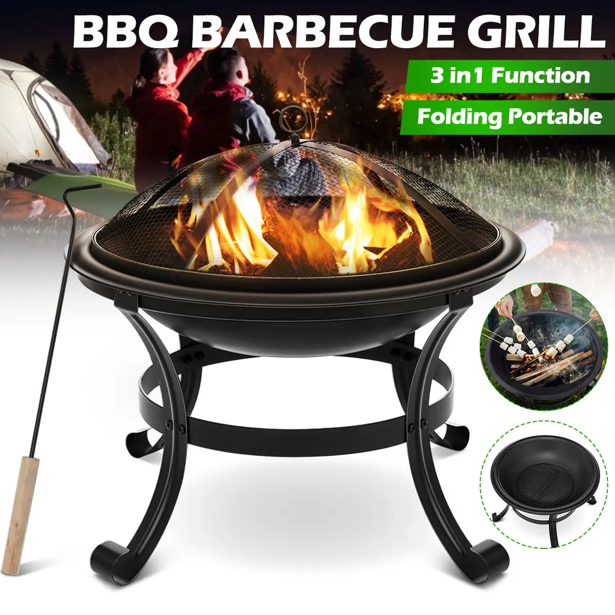 

22 Inch Steel Fire Pit Wood Burning Fire Pit for Outdoor Camping Campfire Beach Park Courtyard Party Barbecue Supplies BBQ Pot