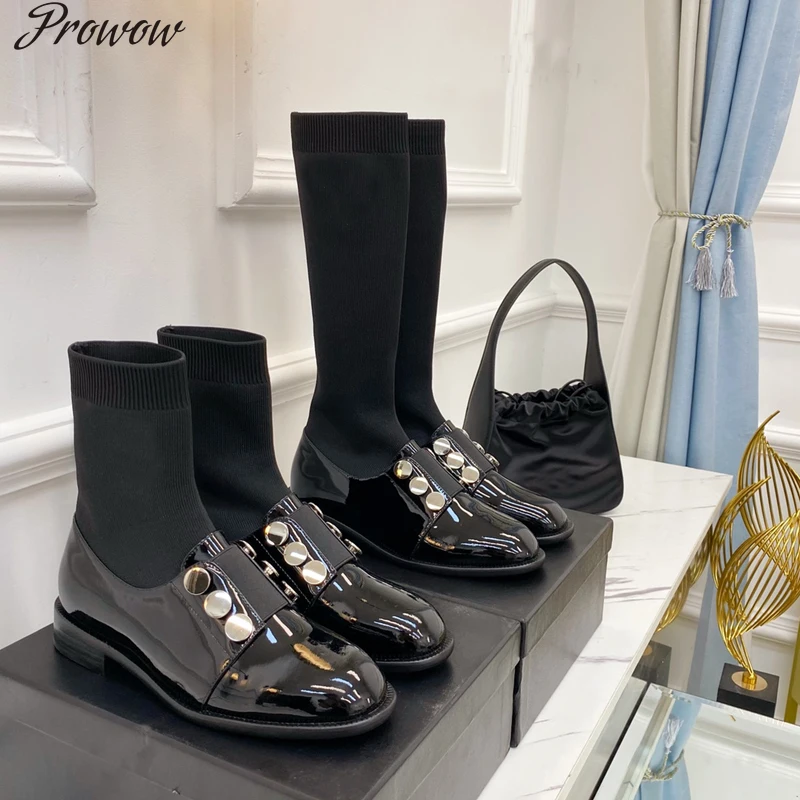 

Prowow Top Quality Black Painted Leather Genuine Leather Buttons Women Boots Knitting Boots Fabrics Winter Women Shoes