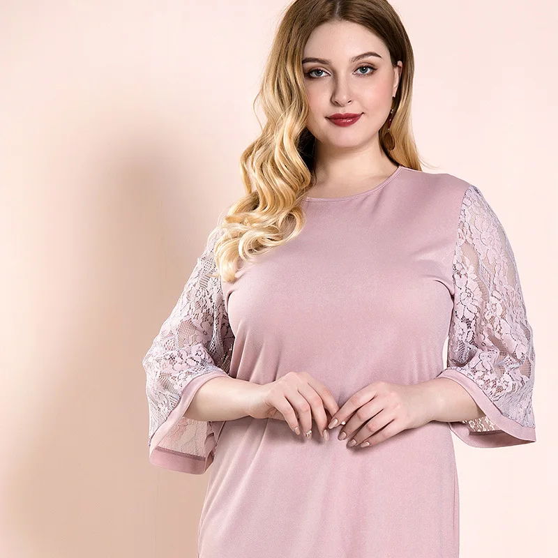 

Pink Summer Light Women's Dress 2021 Large Size Lace Sleeve Chiffon Dress Short Knee-Length
