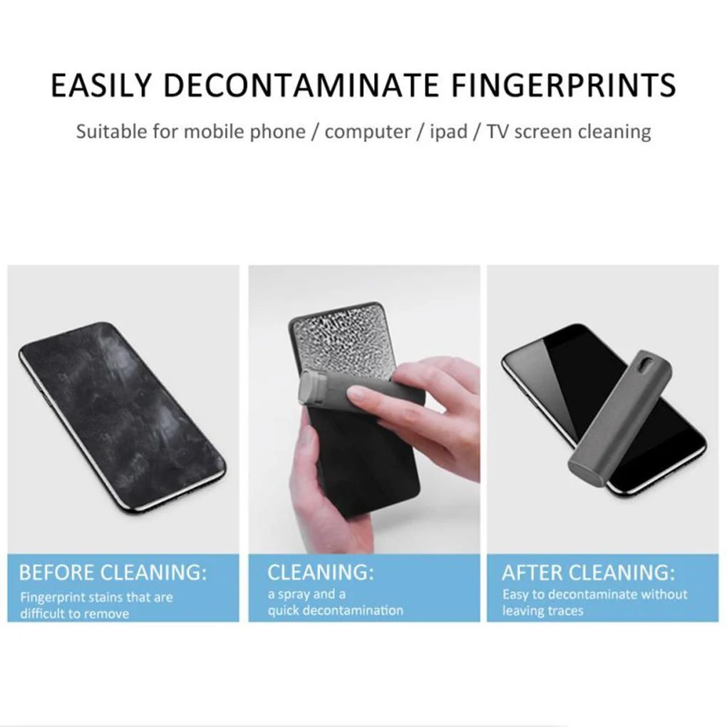 

1PC Portable 2 In 1 Phone Screen Cleaner Spray Computer Mobile Phone Screen Dust Removal Tool Microfiber Cloth Set Cleaning Tool