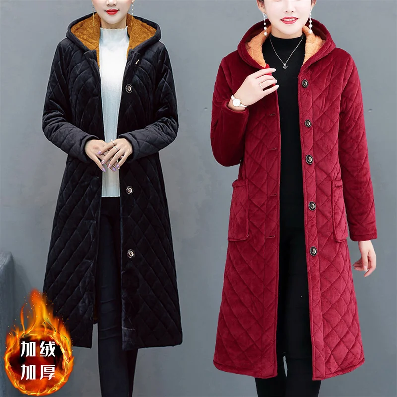Middle-aged Old Women Slim Hooded Padded Coat Mother Wear Autumn Winter Velvet Coat Mid-length Loose Cotton-padded Jacket A725
