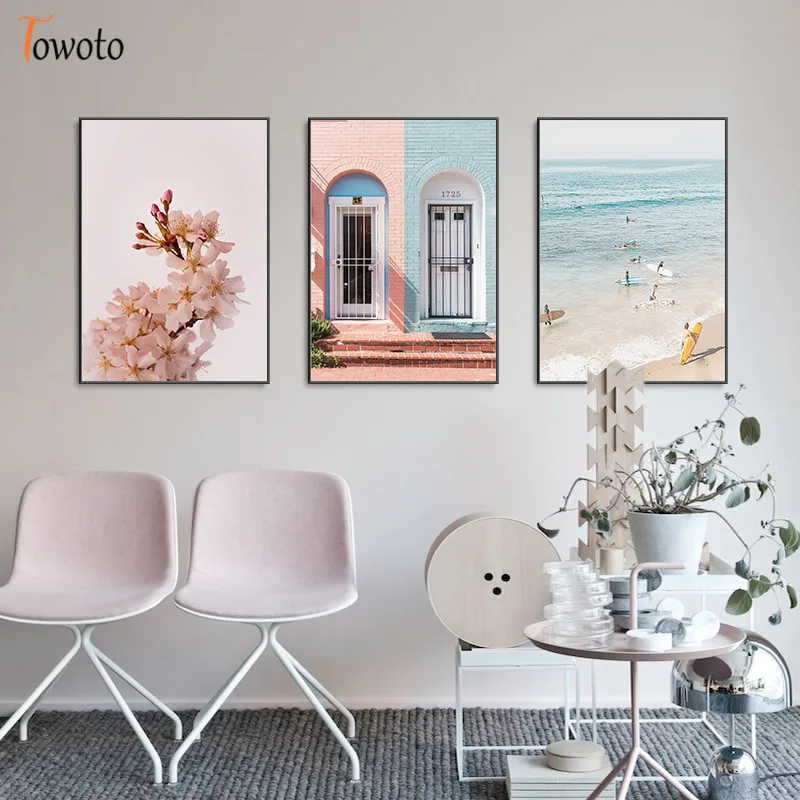 Nordic Landscape Canvas Painting for Living Room Poster Print Coastline Sea Wall Art Pink Flower Decoration Picture Home Decor | Дом и сад