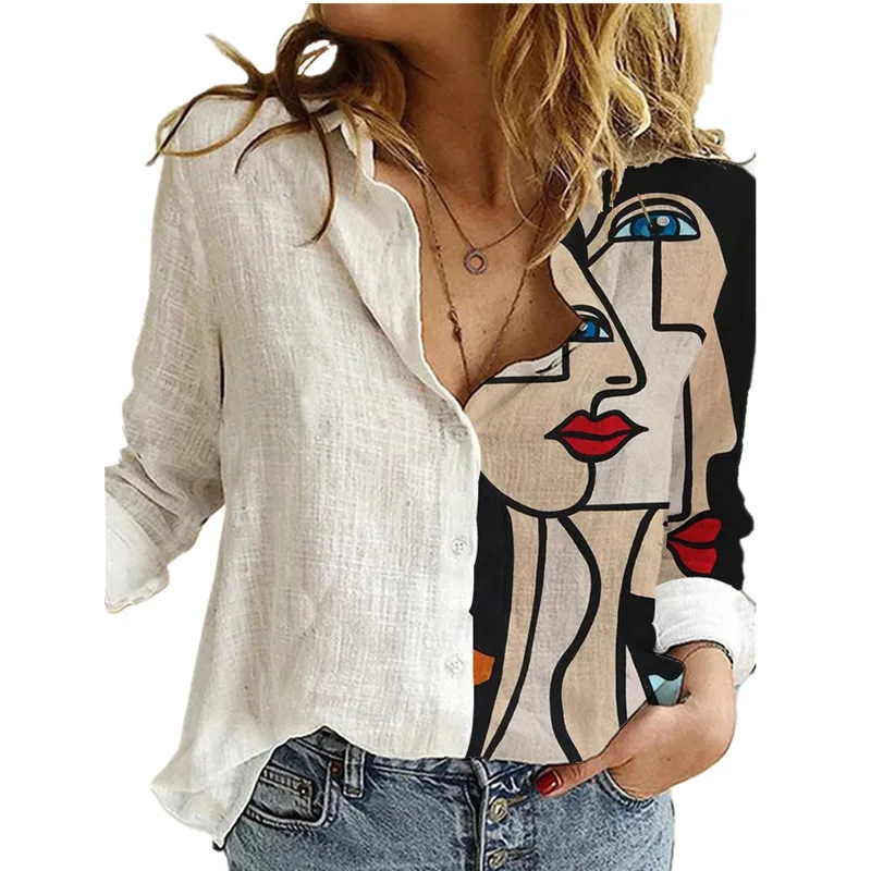 

Women Portrait Print Fashion Plus Size Button T-shirt Shirt 2021 Autumn Long Sleeve Tops Lady Casual Plus Size Vintage Tshirt