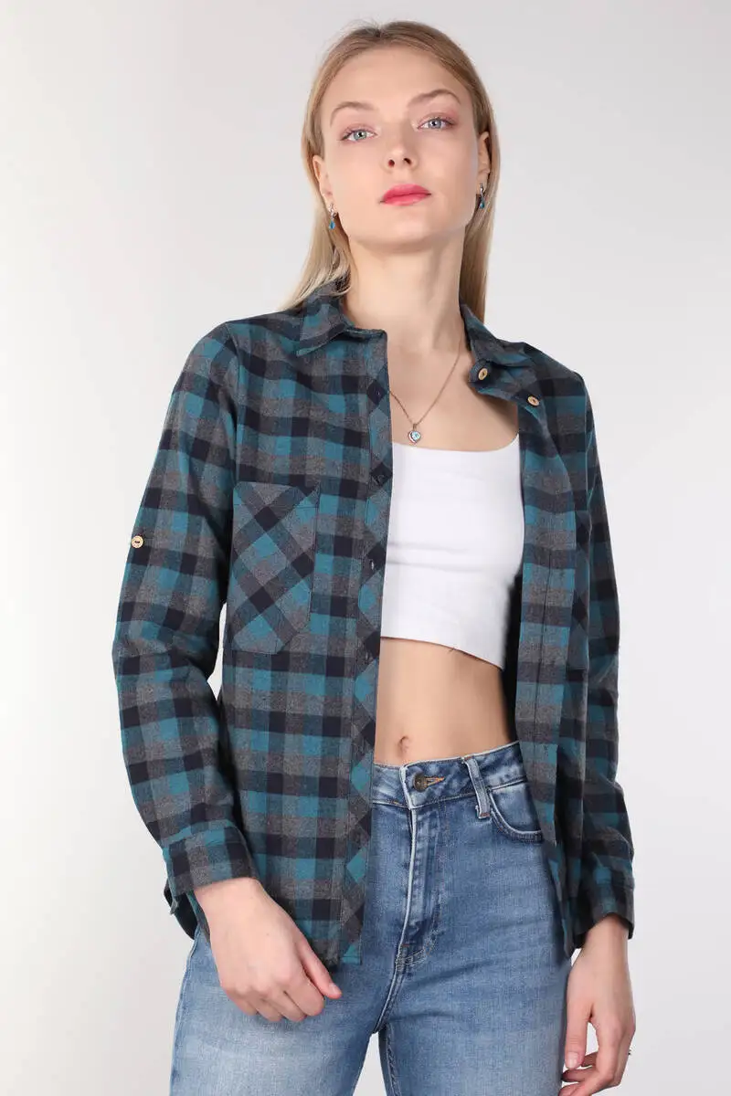 

Navy Blue Plaid Women Shirt