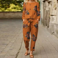 women casual printed sets zanzea 2022 kaftan long sleeve blouses and harem pants female floral tops elastic waist trousers 2pcs