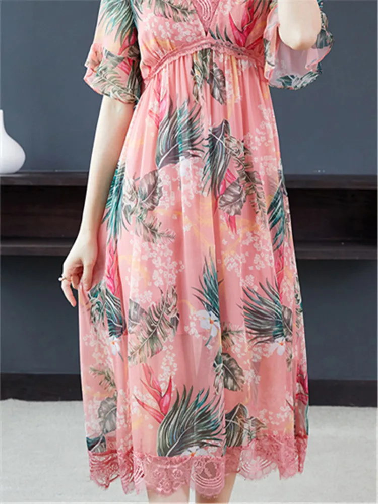 

Fashionable floral beach dress spring and summer new dress elegant five-point sleeve long printed dress women