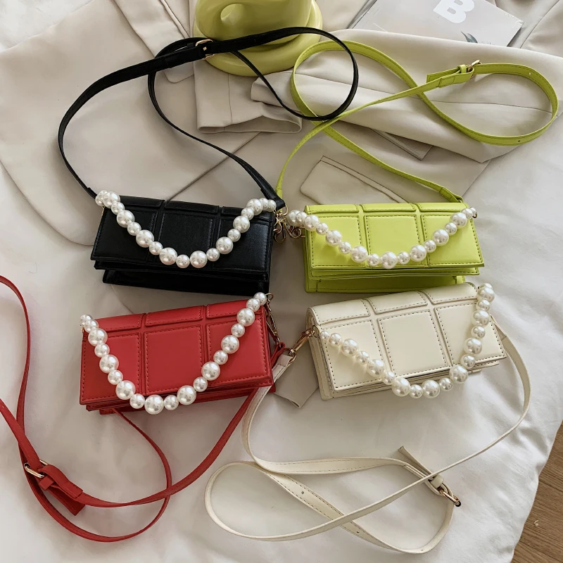 

Pearl Beading Solid Color Mini PU Leather Crossbody Bag 2021 Summer Shoulder Clutch Ladies Handbags and Purses