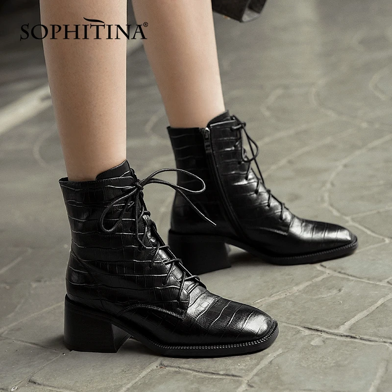 

SOPHITINA Women Boots Crocodile Pattern Genuine Leather Cross-Tied Shoes Square Toe High Heel Casual Female Ankle Shoes SO739