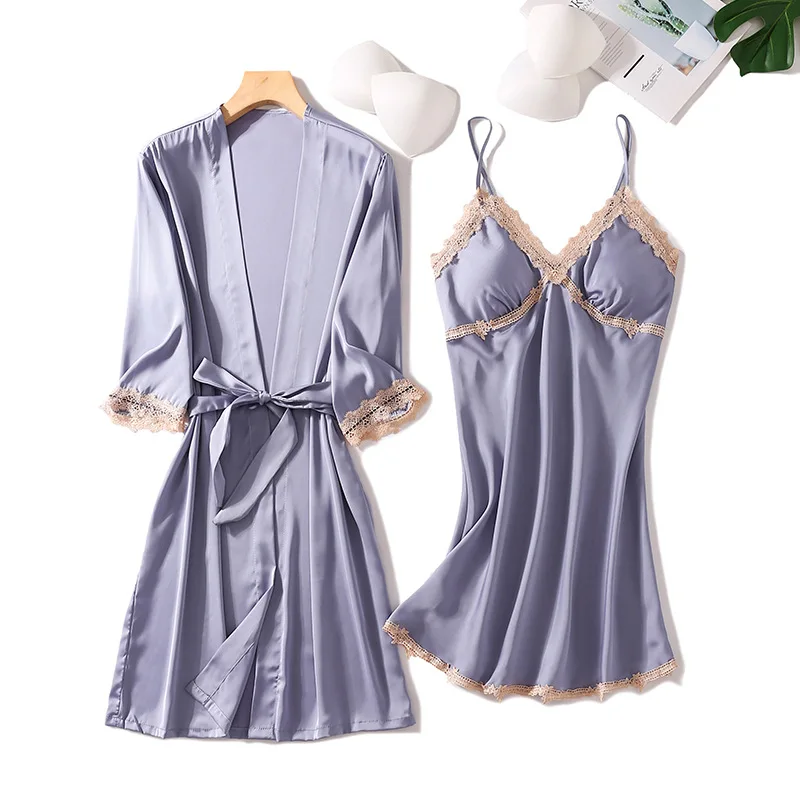 

Women 2PCS Kimono Bathrobe Gown Novelty Robe Set Sexy Lace Nightwear Intimate Lingerie Casual Loose Nightgown Home Clothing