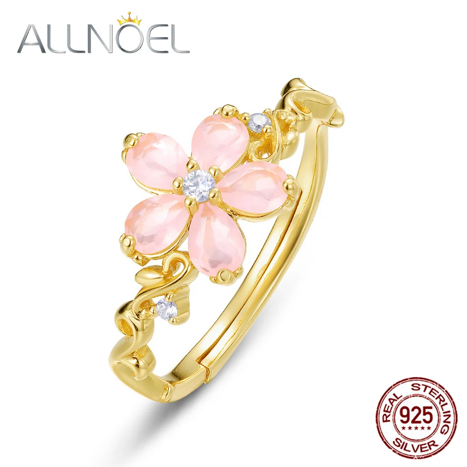 

ALLNOEL Solid 925 Sterling Sliver Women's Ring Synthetic Rose Quartz Cute Flowers With Zircon Real Gold Plated Fashion New Gift