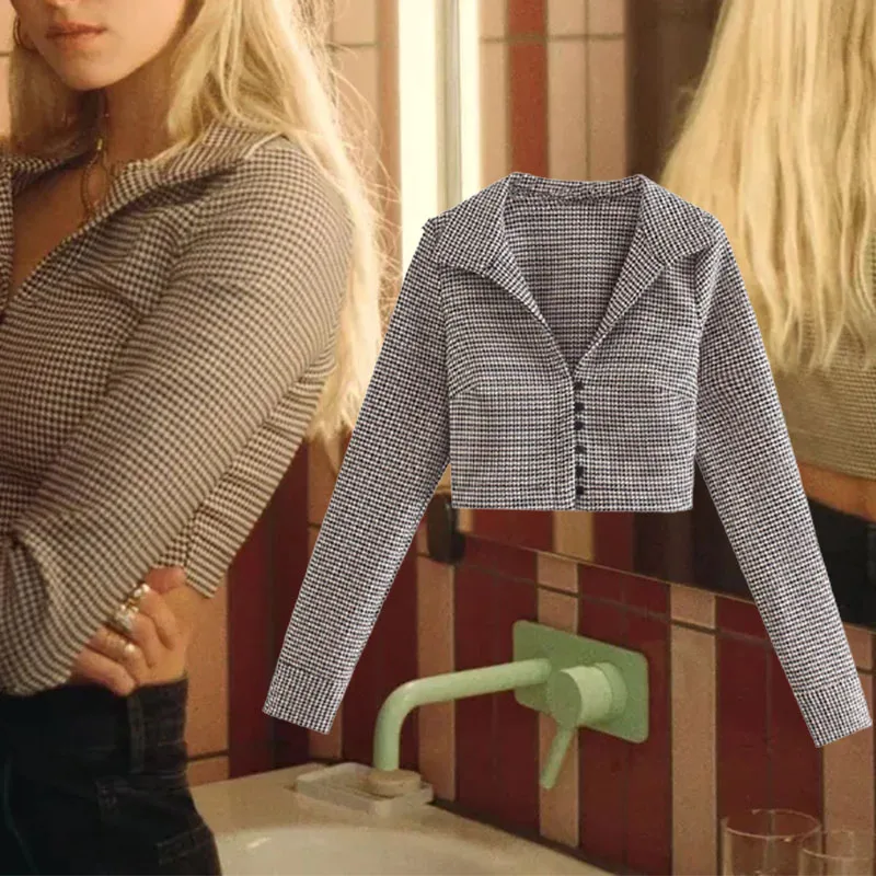 

Xypskh Za Women Autumn New Fashion Plaid Fitted Short Blouses Vintage Long Sleeve Button-up Female Shirts Blusas Chic Tops