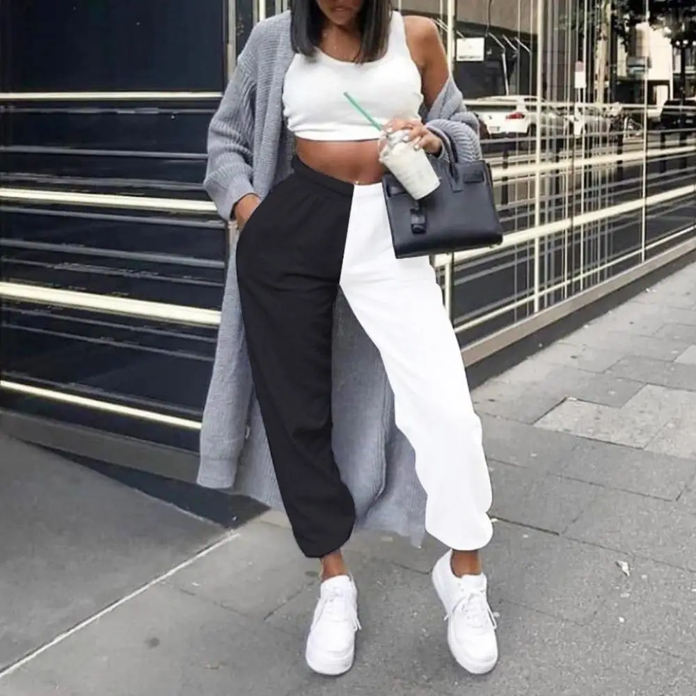

Women Casual Color Block Ankle Tied High Waist Pockets Harem Pants Long Trousers Casual Pants Trousers High Waist Harem Pants