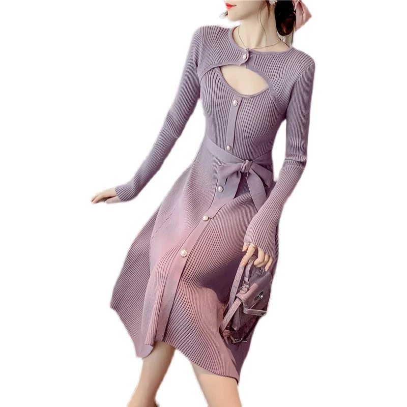 

Winter Knitted Sweater Dress Women Sexy Striped Hollow Ladies Dresses Long Sleeve Strapped Korean Casual Woman Sweaters Vestido