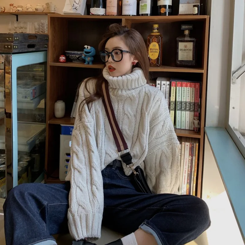 

New Autumn Winter Knitted Jumper Tops Turtleneck Pullovers Casual Short Sweaters Women Solid Color Long Sleeve Female Jumper