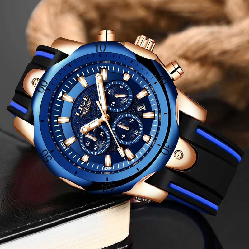 Часы наручные LIGE мужские с силиконовым ремешком модные брендовые Роскошные
