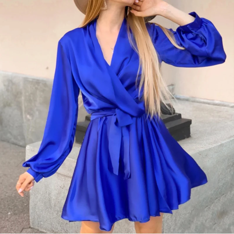 

Sexy Satin Sashes a Line Robe Mini Dress Lantern Sleeve Low Cut Elegant Party Club Plus Size 2020 Women 's Clothing Vestidos