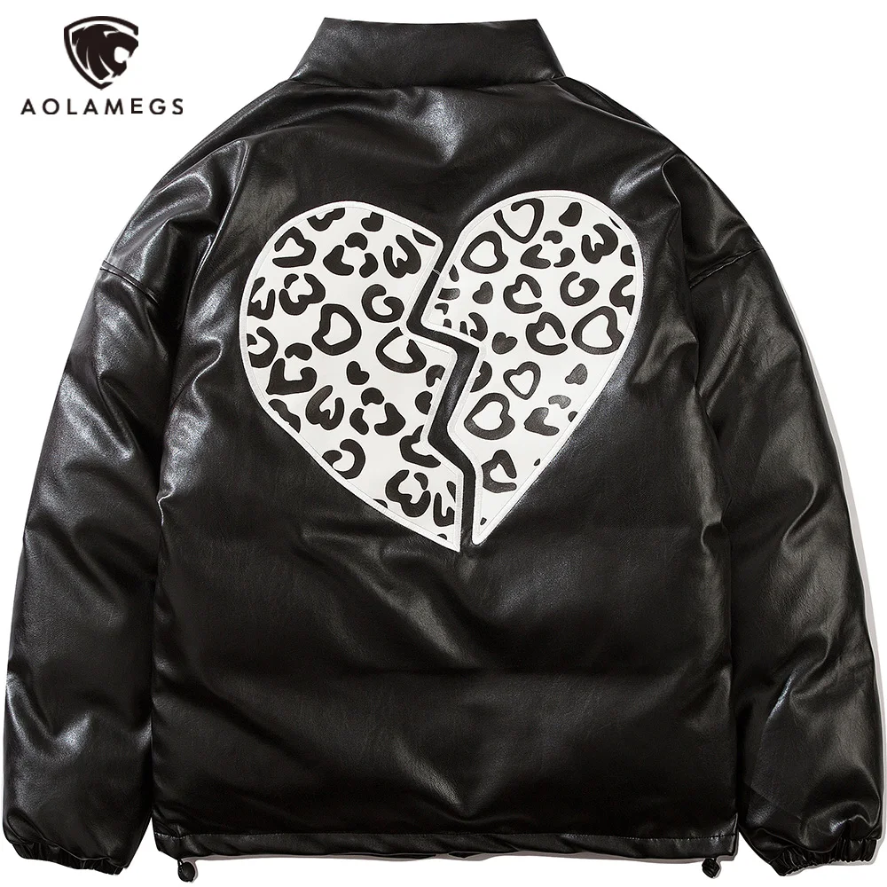 

Aolamegs зимние куртки мужские Лоскутные кожаные пальто на молнии в форме сердца Повседневная модная теплая удобная уличная одежда для пар