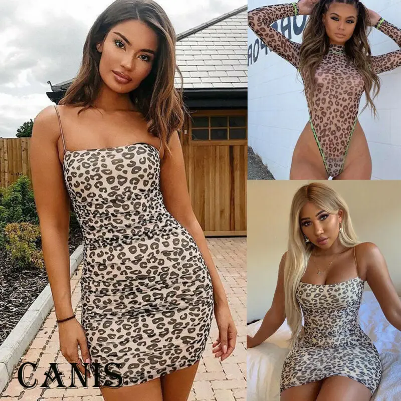 Женский леопардовый комбидресс облегающий боди с высоким вырезом и длинным