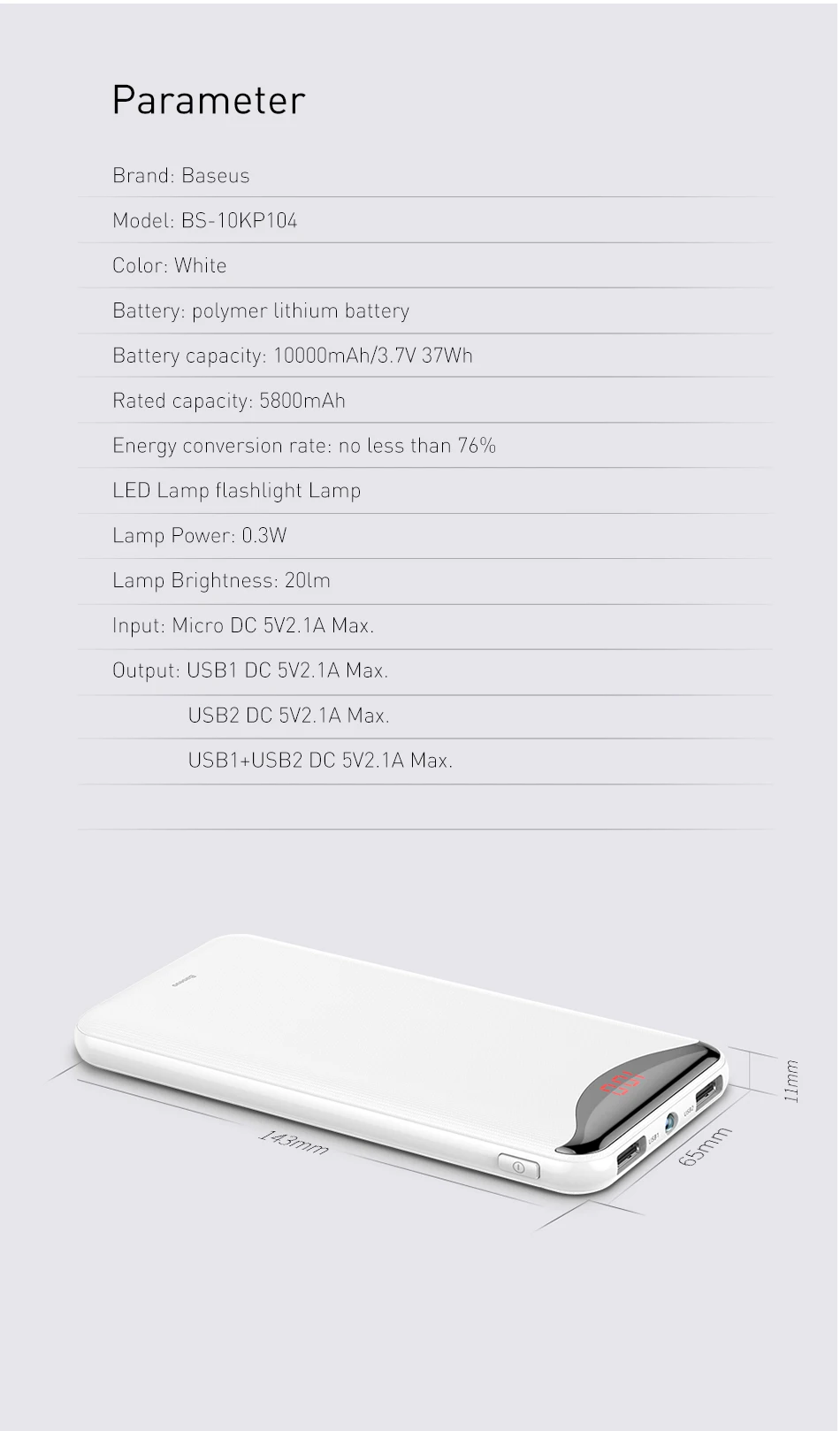 Baseus 10000mAh зарядное устройство для телефона для iPhone X samsung huawei Xiaomi фонарик цифровой дисплей power Bank два выхода Usb