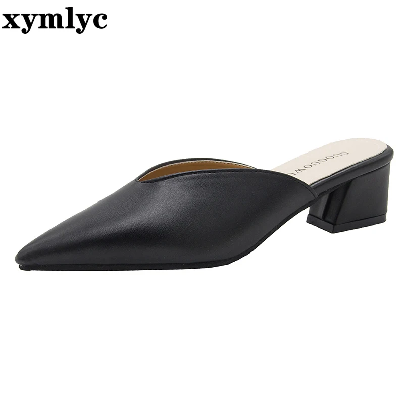 2020 new ladies pointed toe Thick heel High heels women's fashion mid-heeled shoes summer slippers Black khaki creamy-white | Обувь