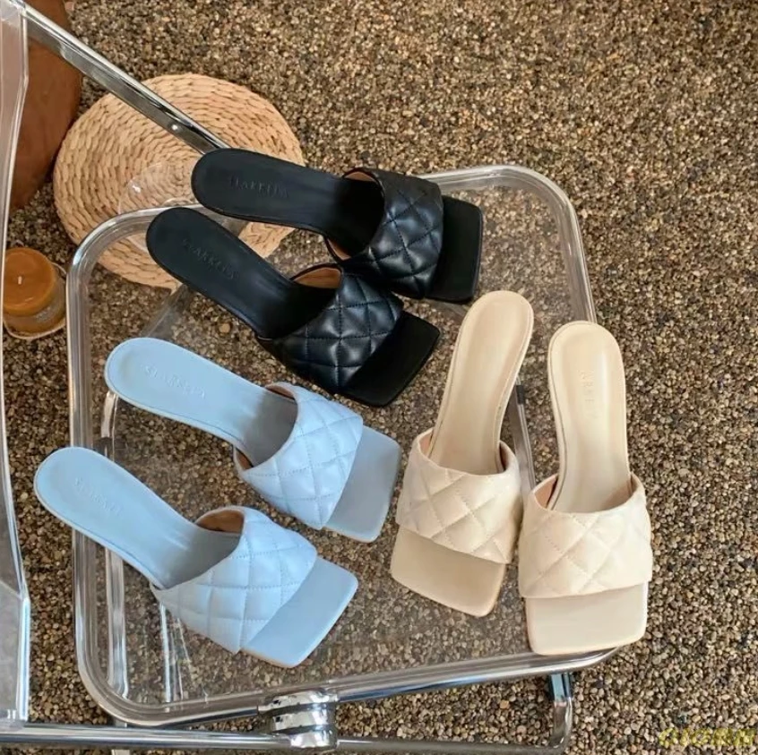 

2020 Square Toe Slippers Women Peep Toe Med Heel 4cm Slides Summer Shoe Women Embroidery Mule Massage Outsole Slipper Size 35-39