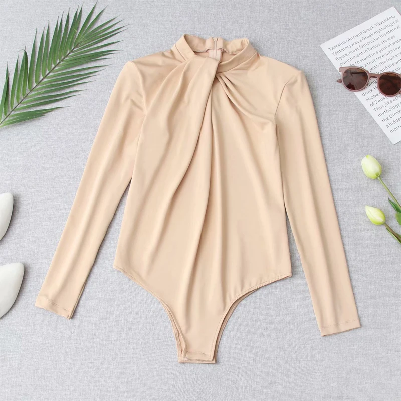 

Spring and autumn women's casual solid color high neck long sleeve knotted design slim jumpsuits