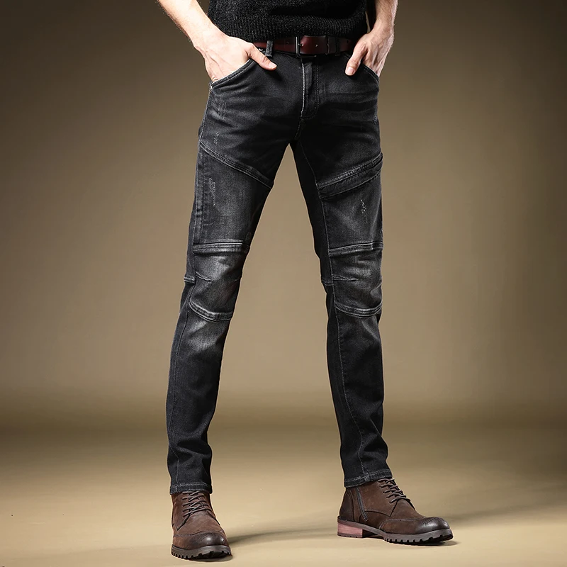 Autumn Men Black Biker Jeans Fashion Patchwork Straight Slim Fit Denim Trousers Casual Motorcycle Stretch Pants Jean