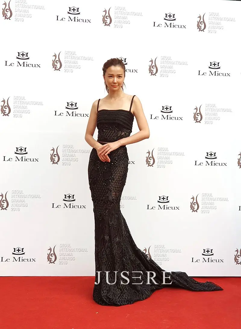Black color mermaid spaghetti strapless illusion cut out beading lace sweep train evening dress party dress prom dress