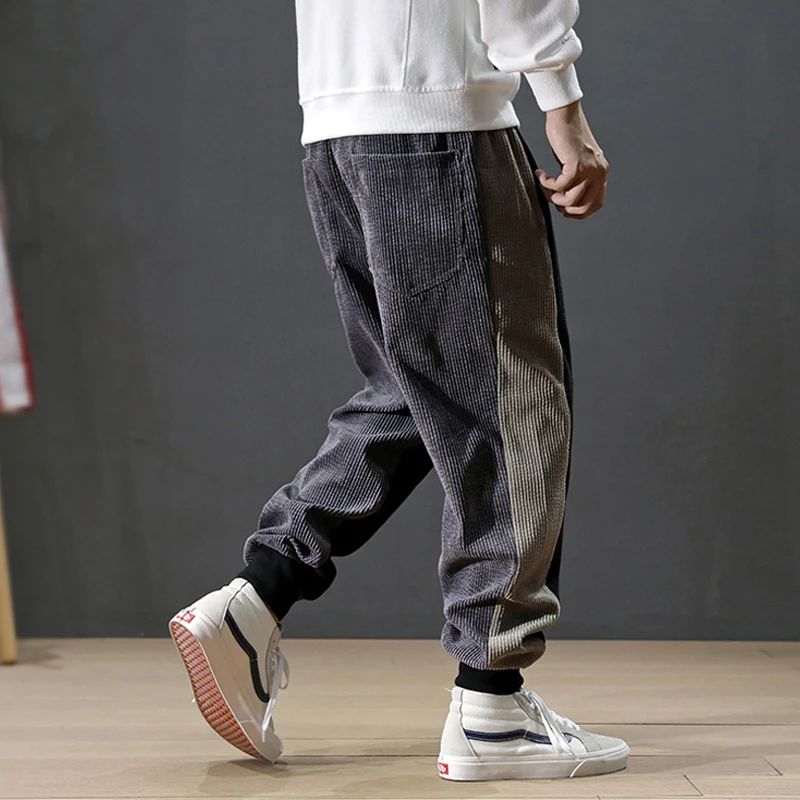 

Autumn Winter Fashion Men Jeans Loose Fit Spliced Designer Casual Harem Pants Elastic Waist Hip Hop Corduroy Joggers Pants Men