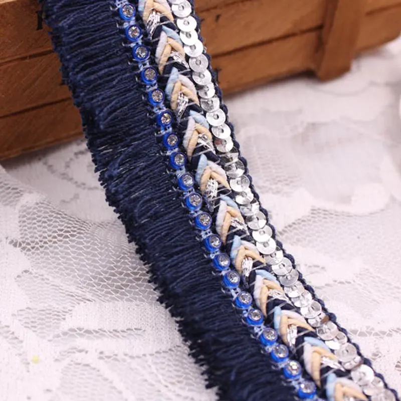 

1 yard 3cm Width New Sewing Decoration Cotton Fringe Tassel Trim Thin Lace Cord Braided Sequin Rhinestone Ribbon Trim Ribbon