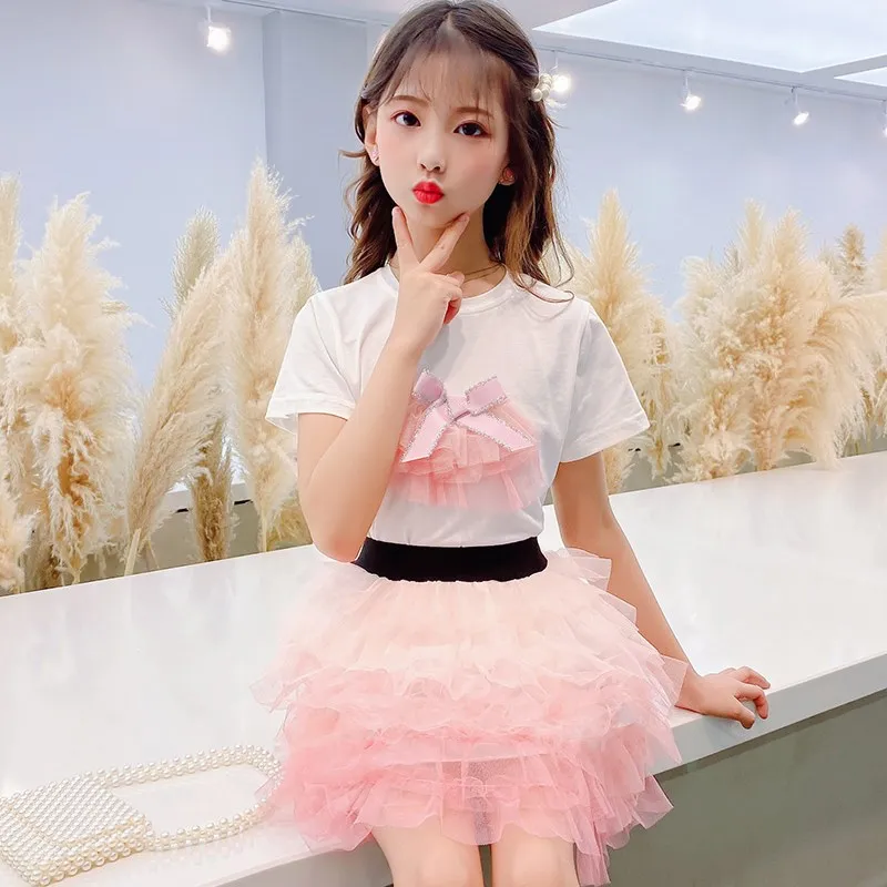 Милые наряды для девочек Изысканное длинное платье кружевное из тюля с бантом